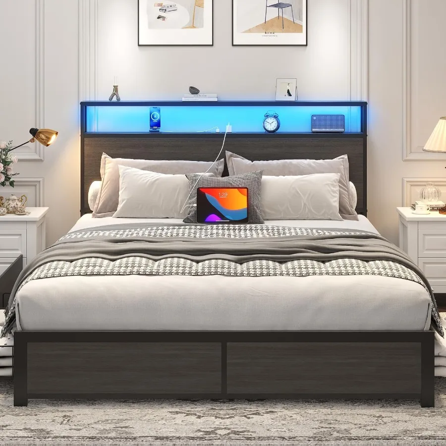 Queen Bed Frame with 2-Tier Storage Headboard Featuring 4 Storage Drawers Built-in Charging Station with LED Lighting Noise-Fre