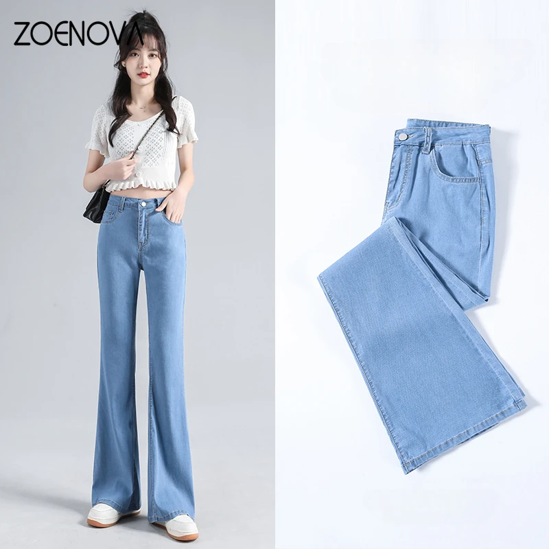 ZOENOVA Sky Blue Ice Silk Boot Cut Pants 2024 Summer Fashion Casual High Waist Slim Simple Versatile Micro Flared Women's Jeans