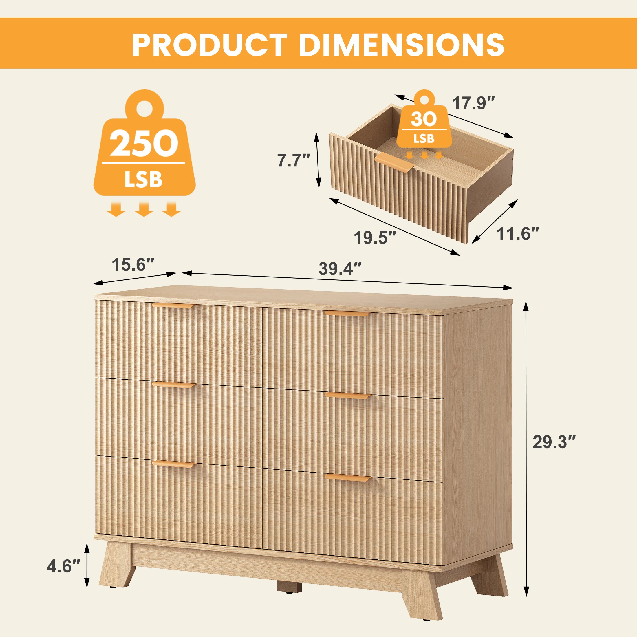JHK Fluted Wooden 6 Drawer Dresser Cabinet Wide Modern Chest of Drawers with Gold Metal Handles Storage Organizer Unit for Living Room Hallway