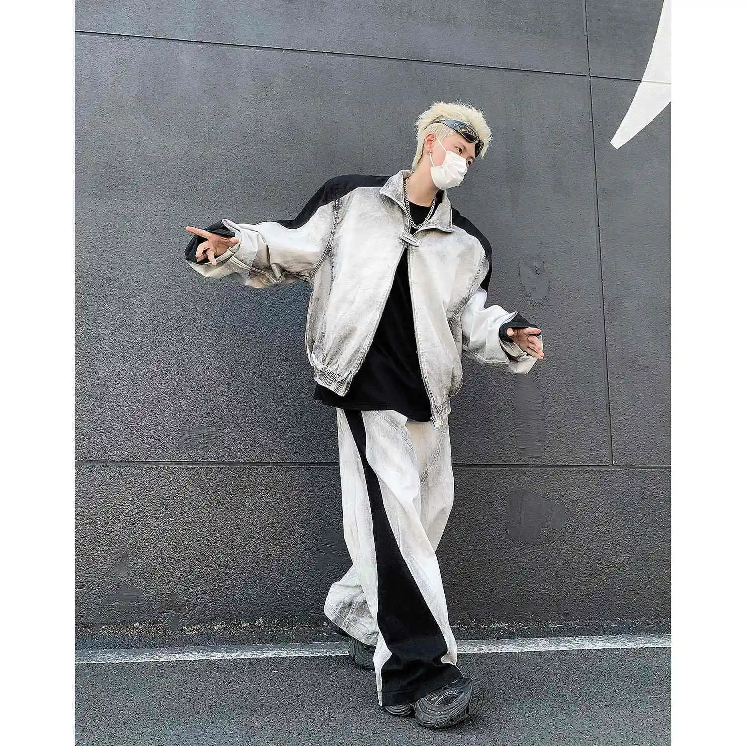 

Trendy brand tie-dye spliced shoulder pad jacket suit American high street loose Harajuku casual pants high-end autumn clothes