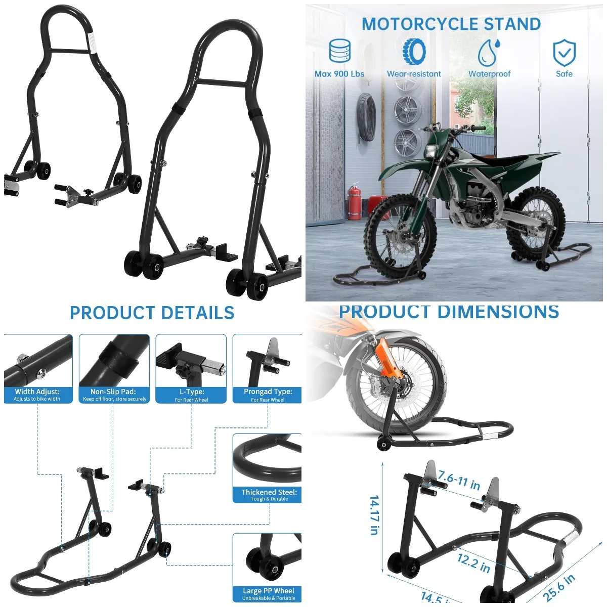 

Front & Rear Motorcycle Stands, 900 LB Heavy Duty, Universal Paddock Stand with Prong Adapters & Adjustable Swingarm Spool, Blac