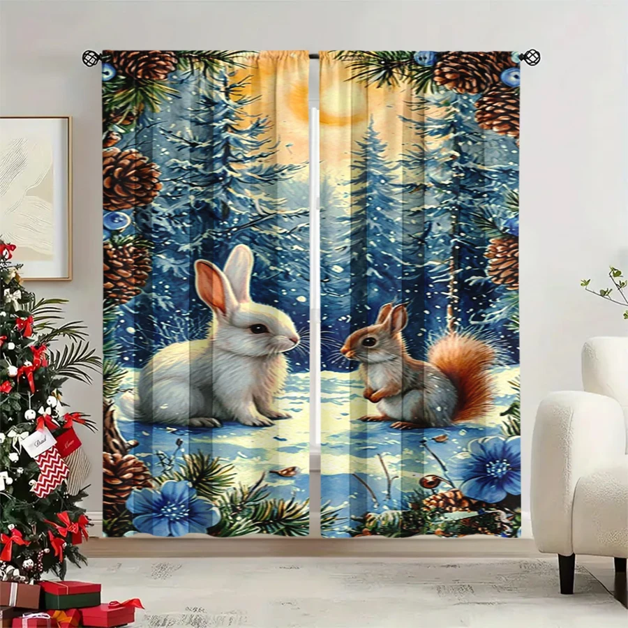 2PCS Christmas Winter Curtains, Watercolor Rabbit Squirrel Snow Forest Pinecone, Digital Print, Bedroom Living Room, Home Decor