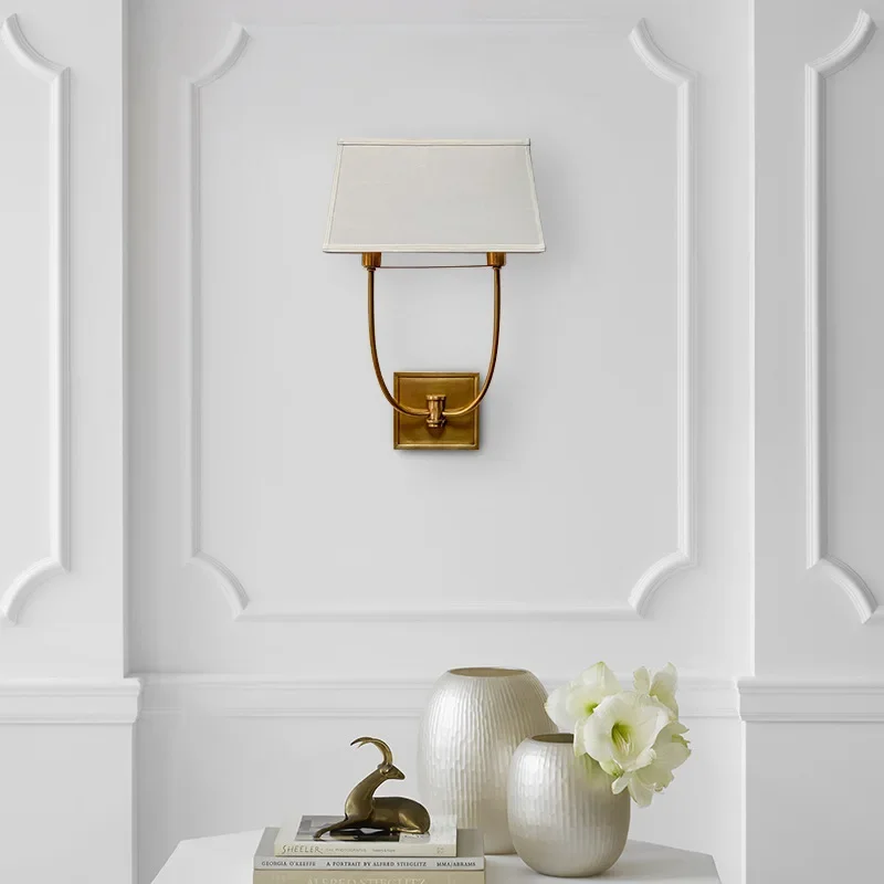 Marco de cuerno de campo americano, lámpara de noche retro de cobre para dormitorio, faro de espejo, sala de estar simple, pasillo de doble cabeza