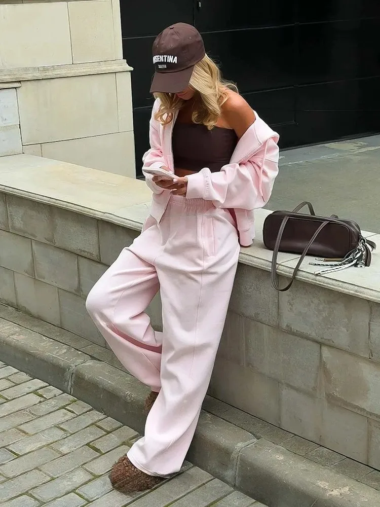 

Long Sve Hoodie Wide Leg Pants Set Casual Straight Leg Pants mid Low Waist PVC Fabric PU Material Zipper Element Women's Set