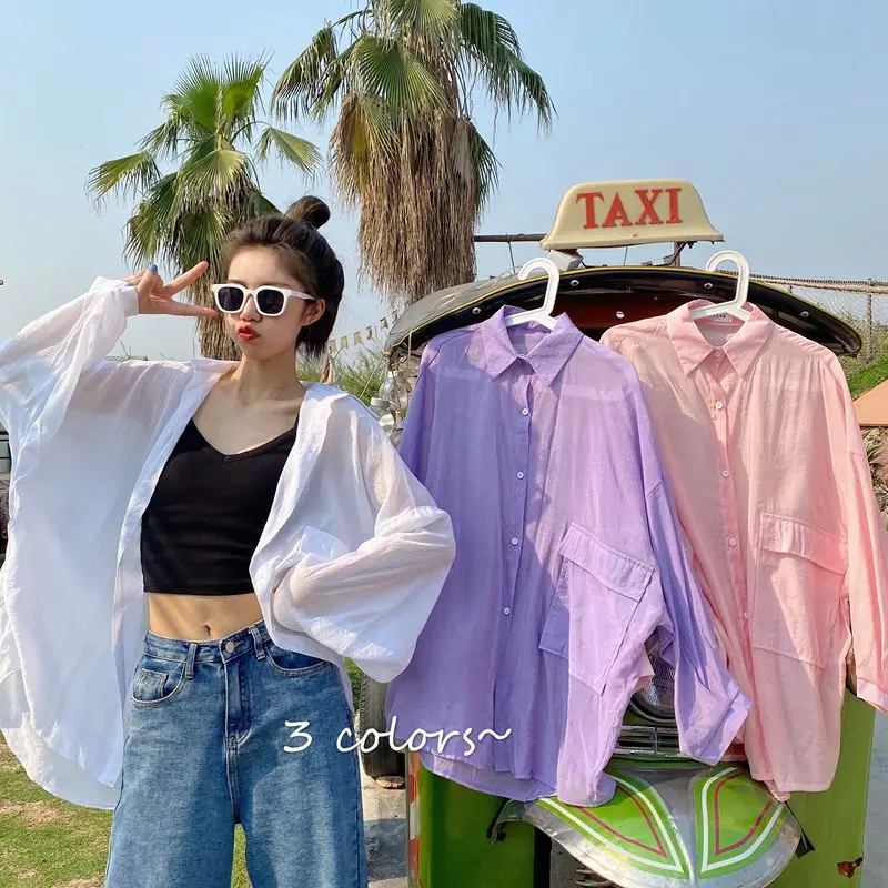 EBAIHUI Summer New Thin Sun Protection Shirt Large Pocket Design Oversized Style Women's Blouse Korean Solid Loose Blusas Coat