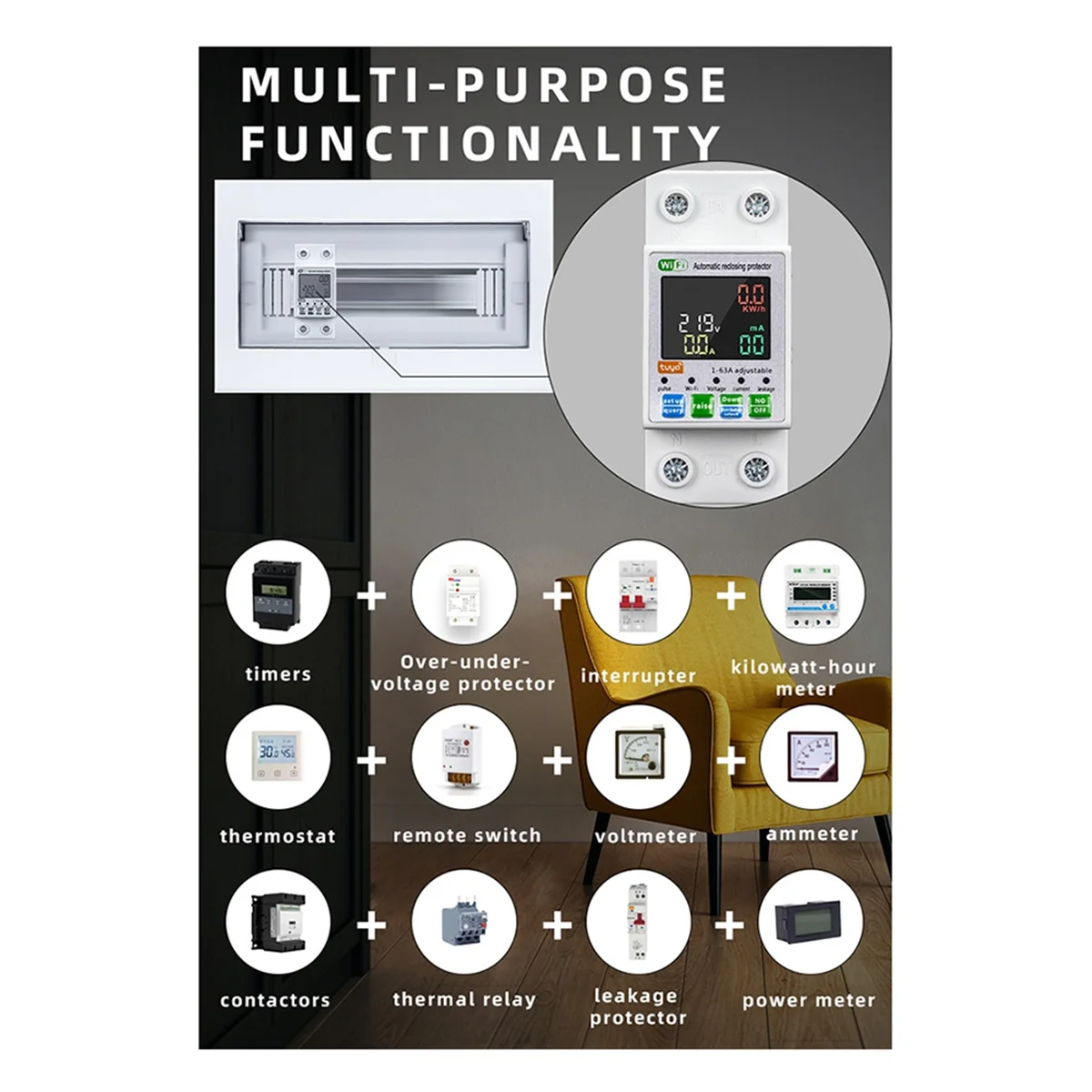 Tuya ZigBee/Wifi Automatic Reclosing Protector Current Voltage Meter LCD Display Switch Power Meter Circuit Breaker