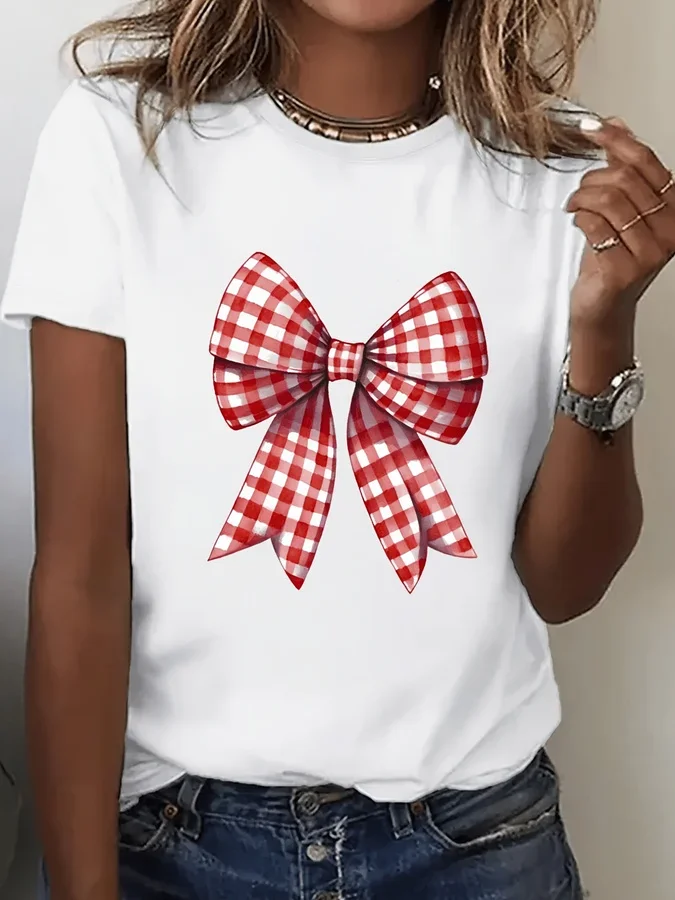 Women Coquette Aesthetic Graphic Tee Red Gingham Plaid Bow Print Crew Neck Loose Short Sleeve Cute Ribbon T Shirt Ladies Daily Wear White Top