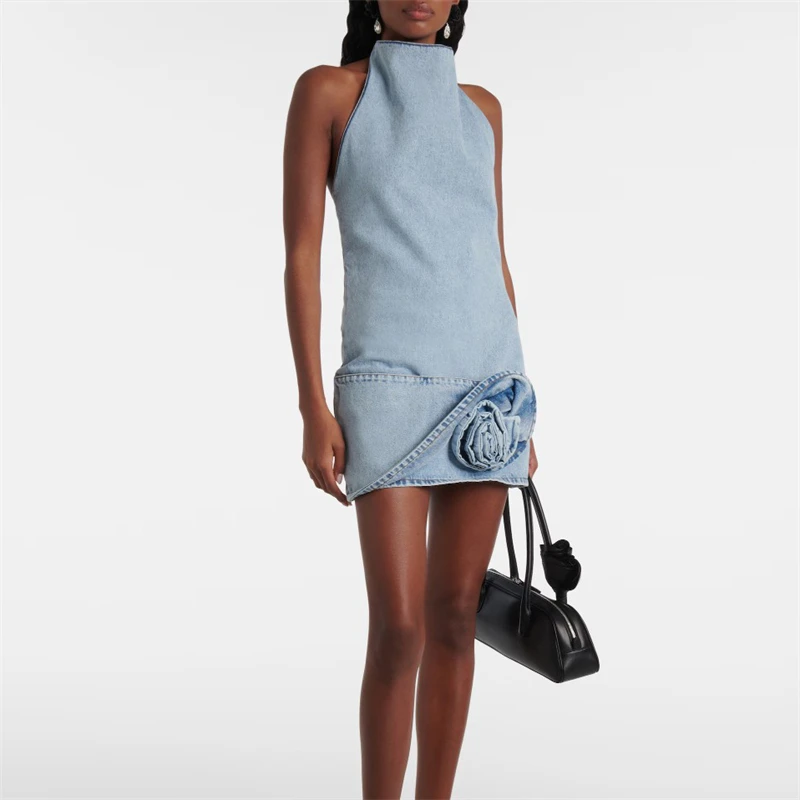 صيف جديد المرأة عالية الجودة ثلاثية الأبعاد الأزهار مزين القطن الخالص غسلها أكمام فستان الدنيم Y2K موضة عارية الذراعين تنورة صغيرة