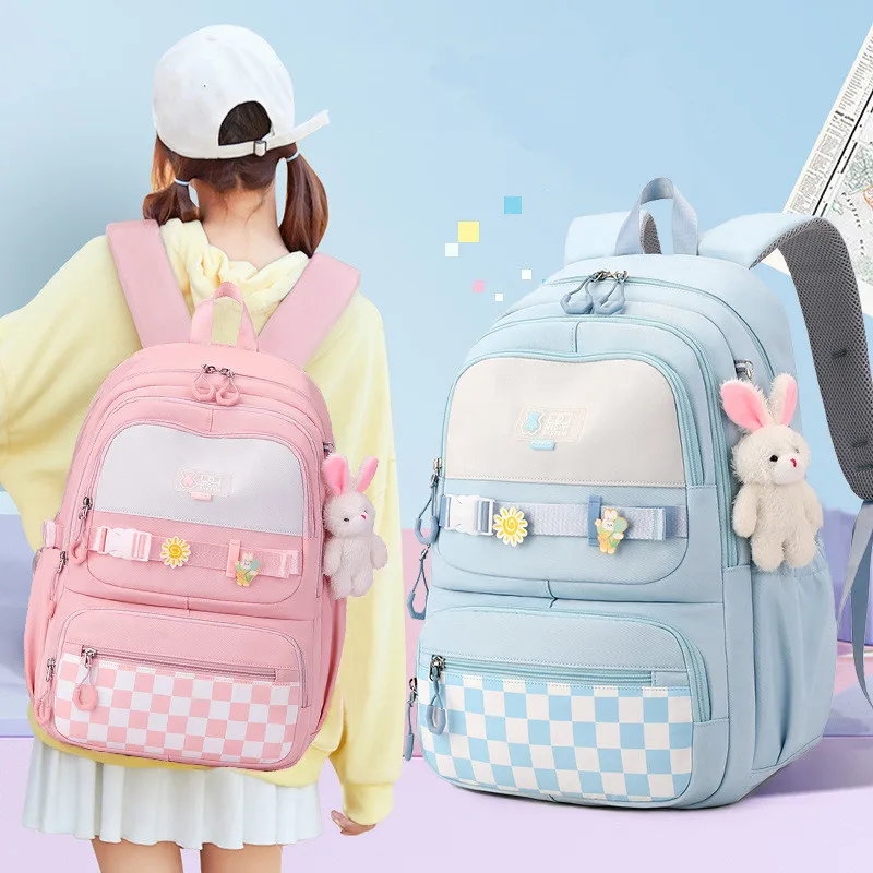 

2024 Middle School Bags With Rabbit pendant For Teen Girls Simple Schoolbags Teenage Girls Waterproof College Style Backpacks