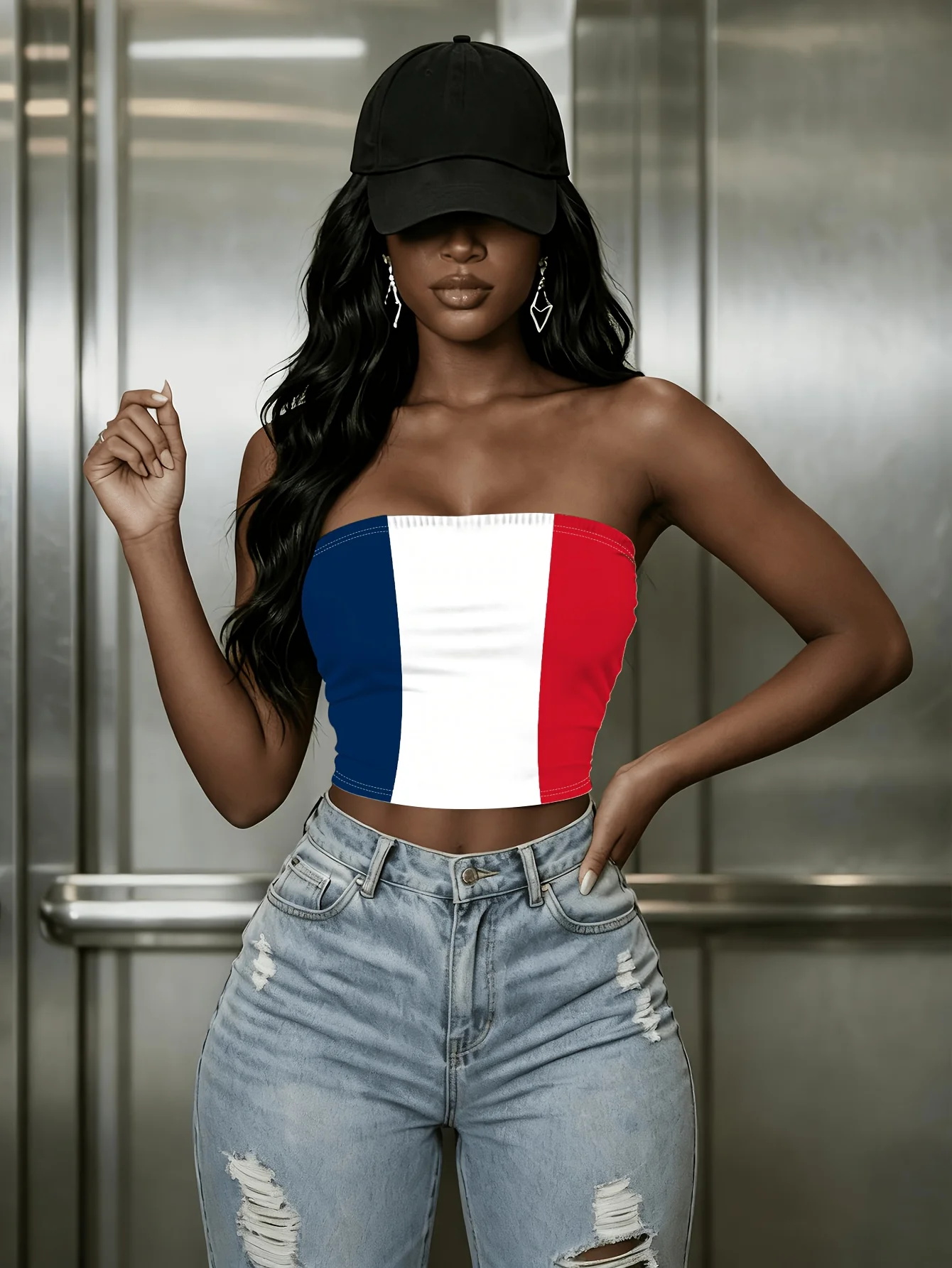 Women's New Spring/Summer Style Tube Top with National Flag Digital Print, Elegant and Chic, Popular Slim-Fit Strapless Top