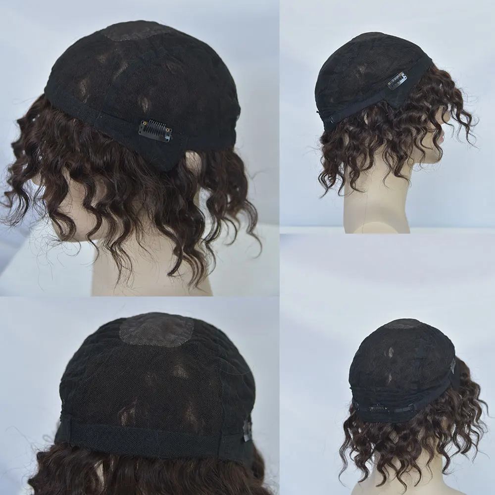 Perucas de cabelo humano encaracoladas para homens, castanho curto, renda cheia, top mono de renda, sem cola, onda profunda, moda