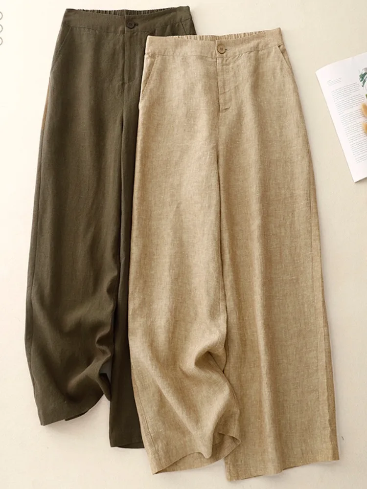 High Waist Wide Leg Pants Women's Casual Cotton Linen Straight Cut Long Trousers Autumn Fashion Slimming Loose Fit Trousers
