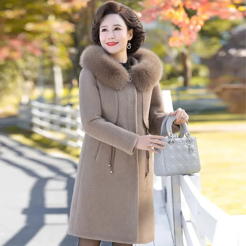 

Woolen Coat Thick 2022 Winter New Fashion Slim Imitation Mink Velvet Jacket Women Large Size Long Hooded Fur Collar Outerwear