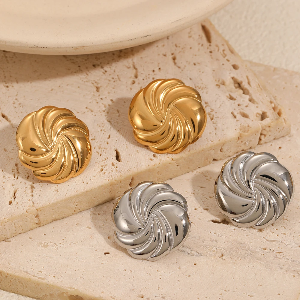 Vintage Round Irregular Twisted Stripe Stud Earrings for Women Gold Plated Stainless Steel Daily Jewelry