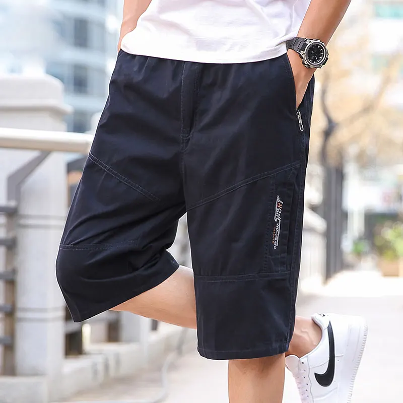 2024 Summer Casual Loose Straight Shorts Men's Clothing Safari Style Stylish Embroidery All-match Elastic Drawstring Knee Pants