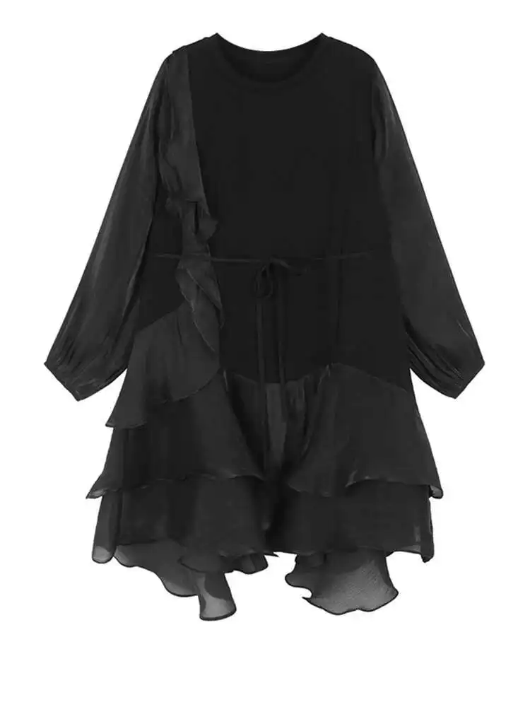 ZMEENNA Vestido feminino preto e branco com babados em camadas, manga comprida, gola redonda, mini com cinto, casual solto, linha A ZM3263