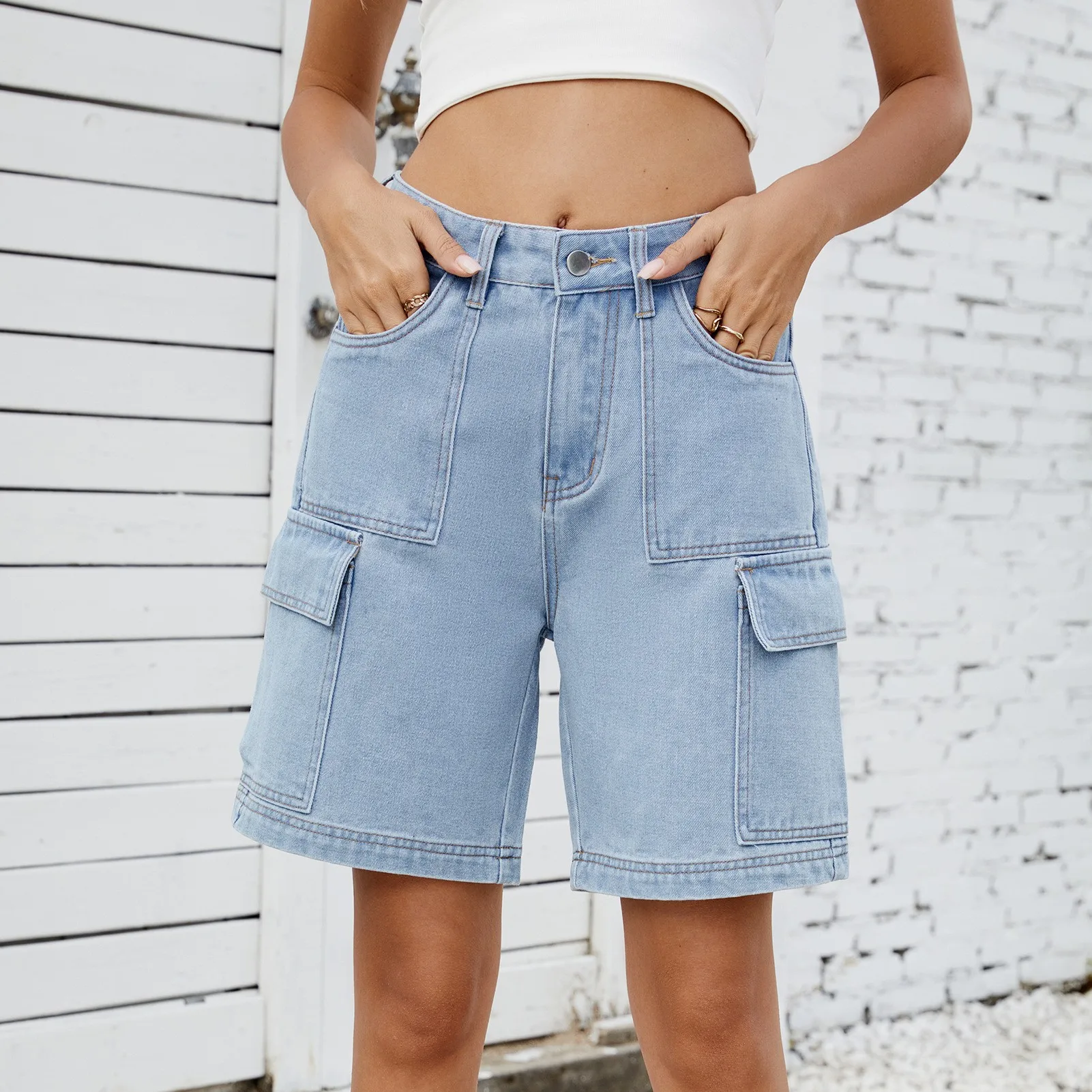 

Summer Women's Clothing Streetwear Washed Denim Shorts Female Cargo Capri Pants Mid Waist Polyester Five Inch Casual Wear