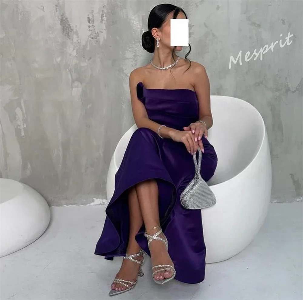 Customized Exquisite Strapless Mermaid Anke Length Evening Dresses Shirred Hugging Satin Customized Evening Dresses