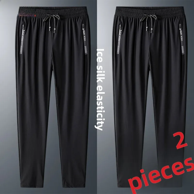 

Men's Ice Silk Qui Dry Elastic Thin Sport Pants Summer Versatile ket Zipper Elastic Waist Men's Pants Casual Straight Leg