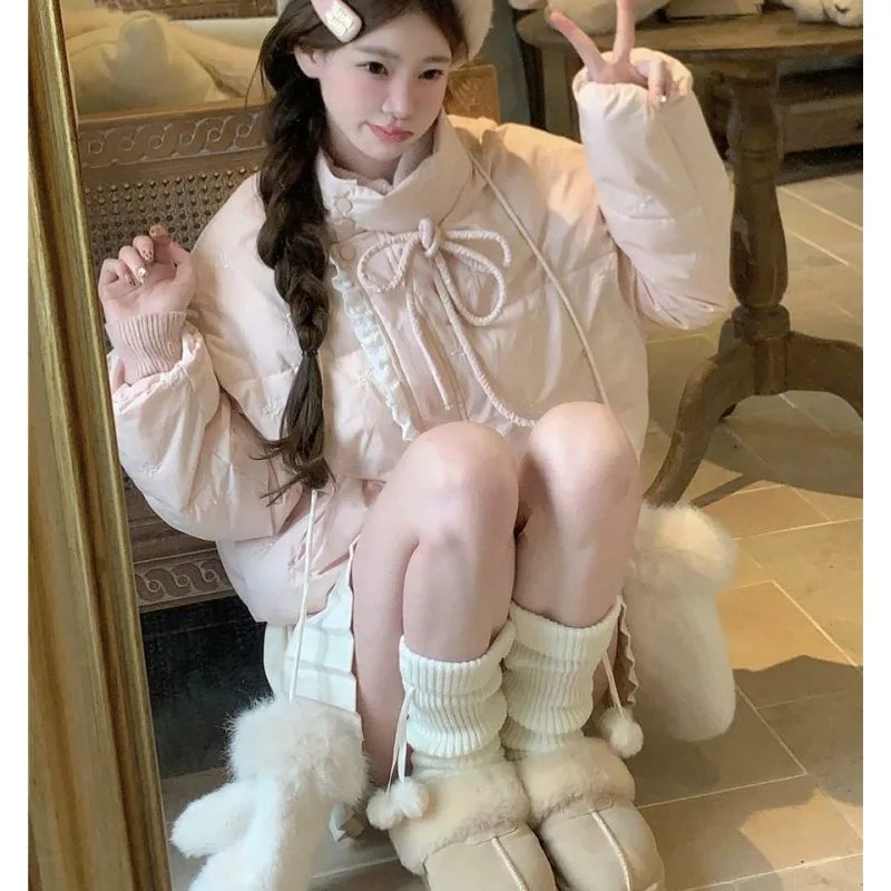 Women's Autumn Winter Outerwear Tops Cotton Breaded Clothes Bow Crushed Flower Outerwear Design Luxury Brand Simple Fashion