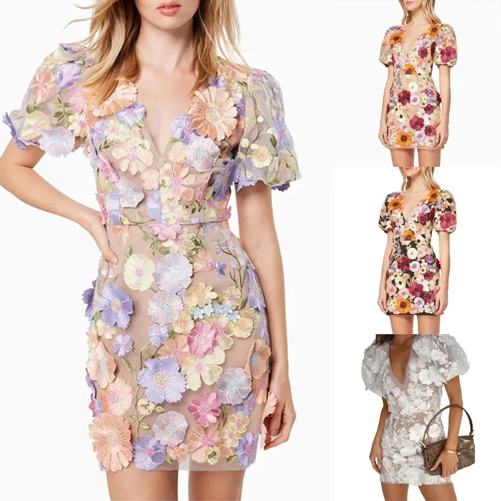 Robe Sexy brodée à fleurs, col en v, sans manches, Amazon Ins, manches lanternes, Style européen transfrontalier, nouvelle collection