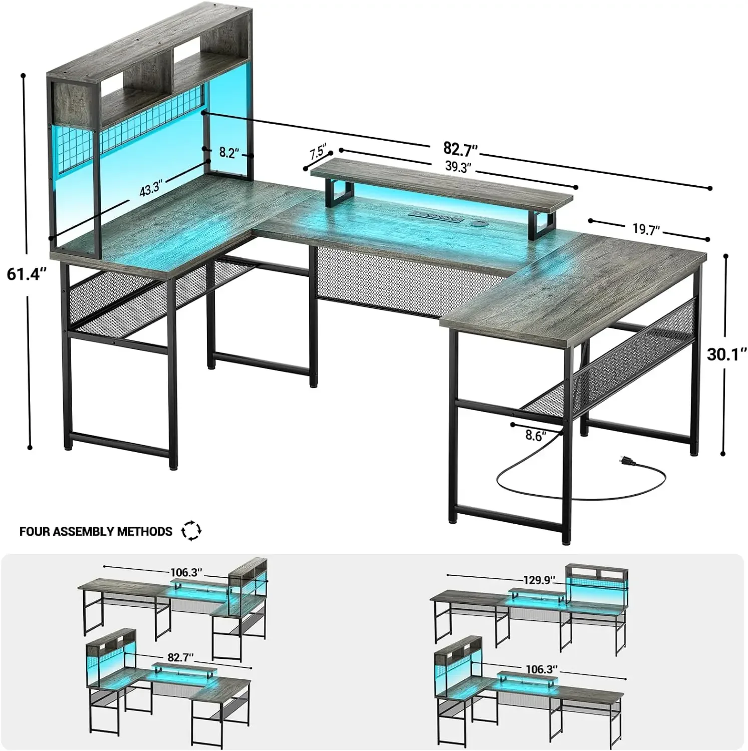 Escritorio en forma con Hutch, escritorio de oficina Reversible con tomas de corriente y tira LED, Mesa Grande en forma de L con soporte para Monitor