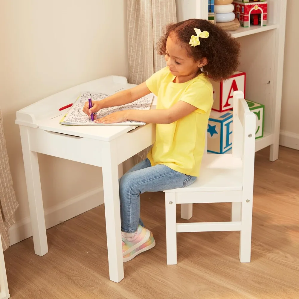 

Wooden Child's Lift-Top Desk & Chair - White Play Desk and Chair Set for Toddlers and Kids Ages 3+,Features safety-hinged lid