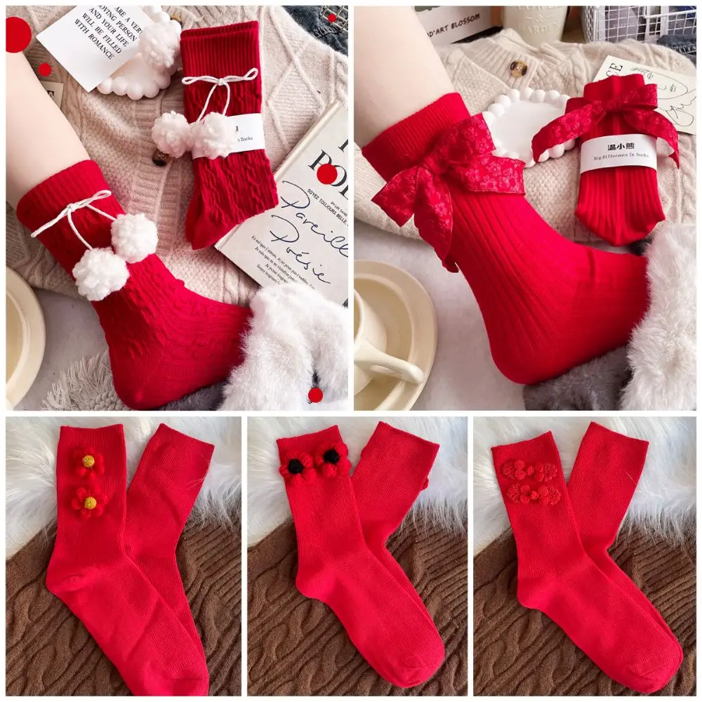 

Sweet Cotton Zodiac Year Socks Bowknot Hairball Soft in Tube Socks Red Sleep Sock Bowknot Stocking Christmas