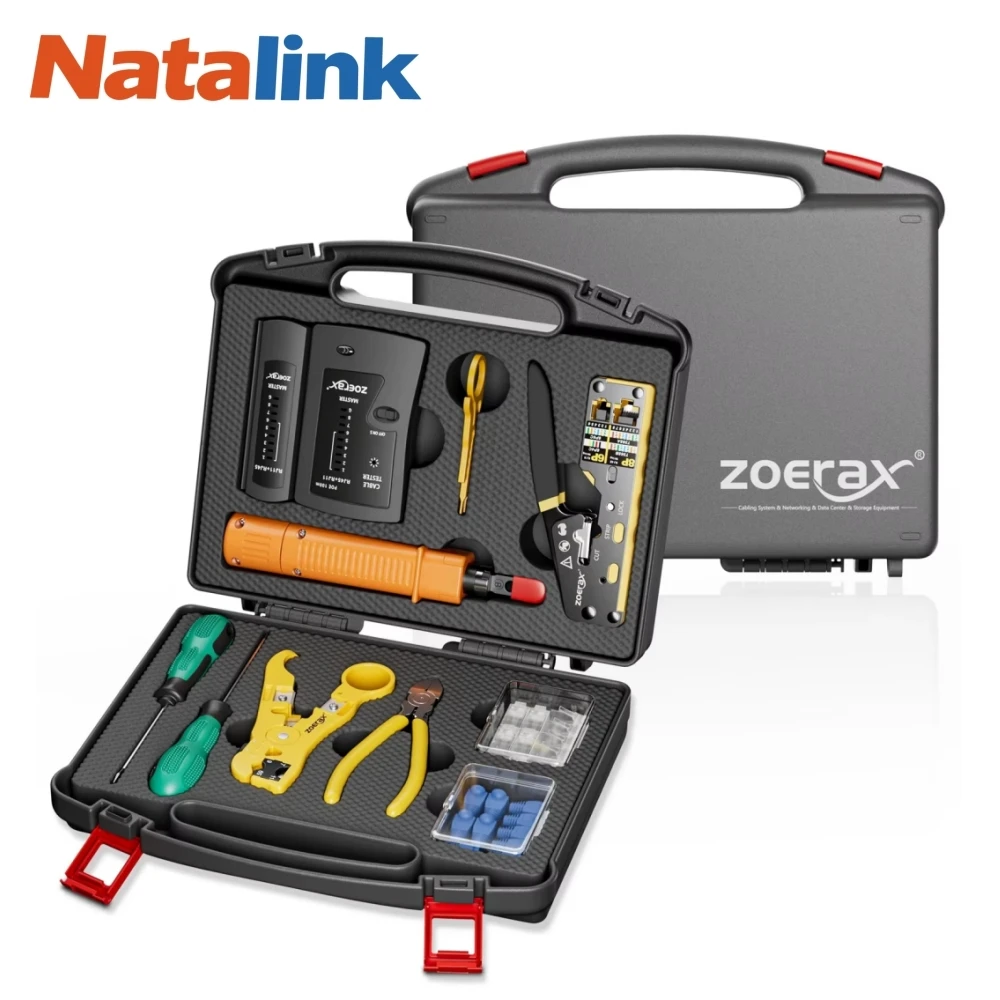 Natalink Kit alat jaringan RJ45 kit alat Crimp melewati Crimper, alat Crimping RJ45, penguji kabel, alat Punch Down, Stripper