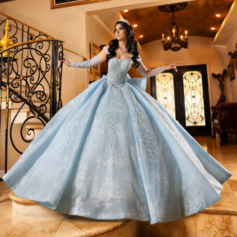 Sky Blue Off The Shoulder Quinceanera Dresses Applique Lace Tull Beads Princess Ball Gown XV Dresses vestidos de 15