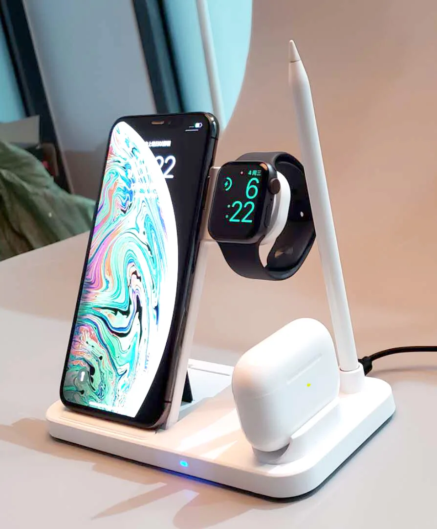 แท่นชาร์จไร้สายแบบชาร์จเร็ว Qi 15W สำหรับ iPhone 14 13 12X8 Apple Watch 4 In 1พับได้แท่นชาร์จสำหรับ Airpods 3 Pro IWatch