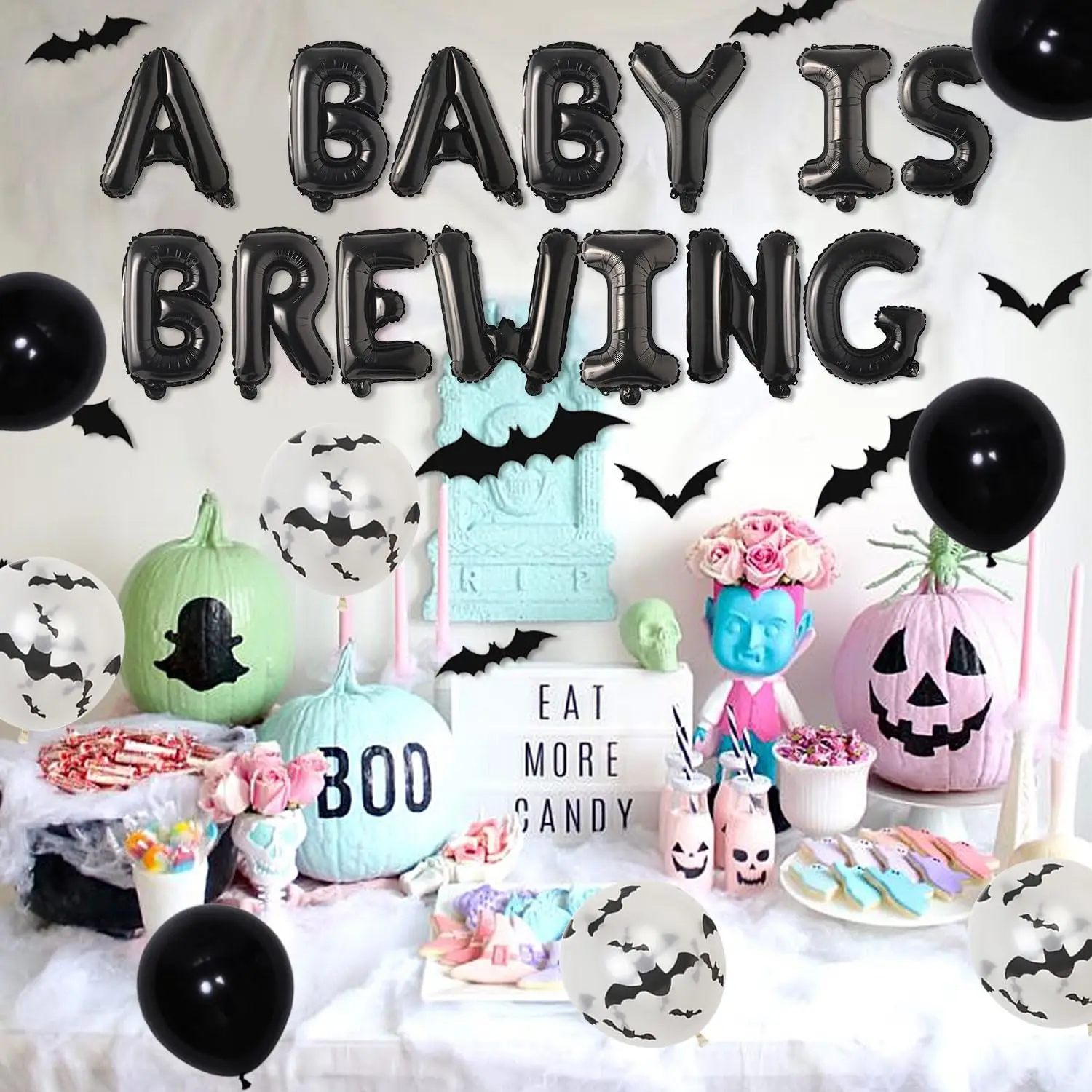 36Pcs Halloween A Baby Is Brewing Baby Shower Decorations A Baby Is Brewing foil Balloons Banner Black White Latex Balloons 3D Bat Wall Stickers for Halloween Themed Baby Shower Party Decor Supplies