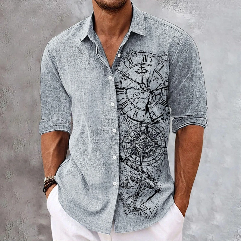 Fashionable high-quality men's shirts, 3D printed clock pattern printed tops, street trendy men's clothing