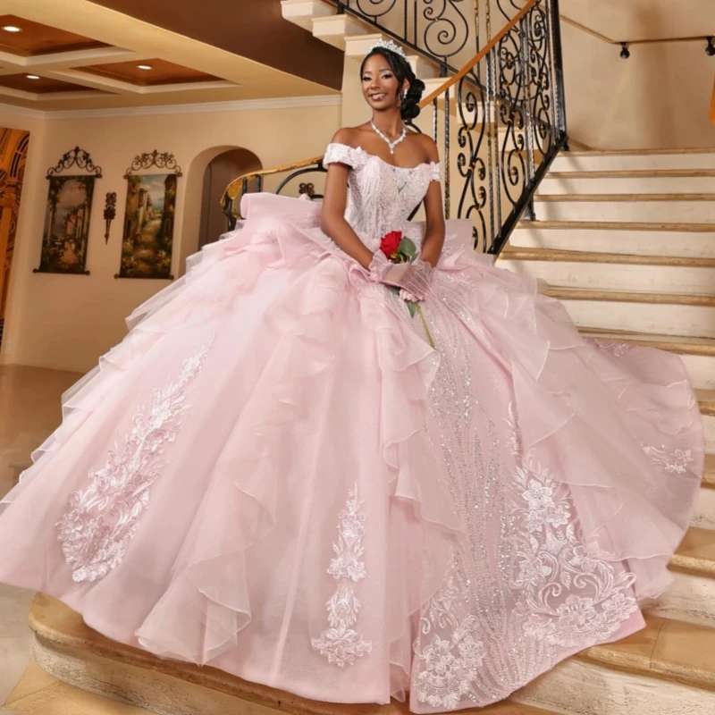 

Pink Shiny Quinceanera Dresses Ball Gown Off The Shoulder Applique Lace Beading Crystal Bow Tull Corset Party Birthday Sweet 16