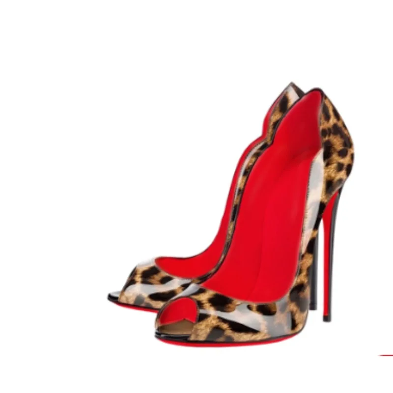 

Новые лакированные кожаные туфли с леопардовым принтом «рыбий рот» на высоком каблуке 12 см, тонкий каблук, остроконечные носки, неглубокий рот, вечерние пикантные модные женские туфли