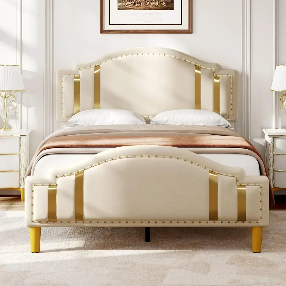 Queen Velvet Bed Frame with Adjustable Headboard, Upholstered Headboard and Footboard, Stable Metal Base,  Beige Bed Frame