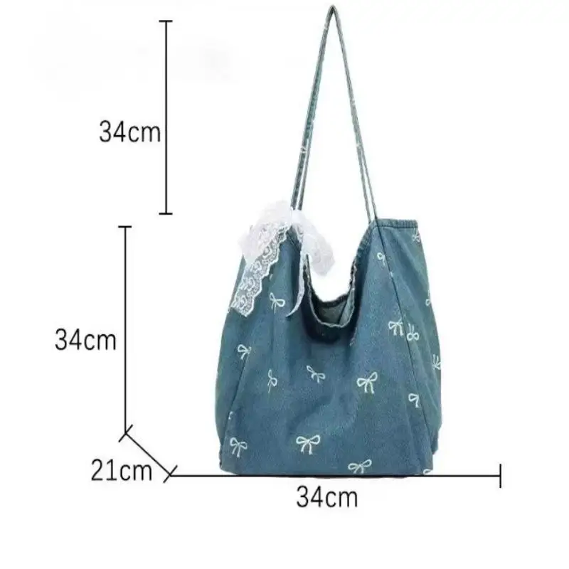 Hochwertige Denim-Canvas-Tasche, Damen-Schultertasche mit Schleife, süß und vielseitig, große, lässige Umhängetasche – Detail 11