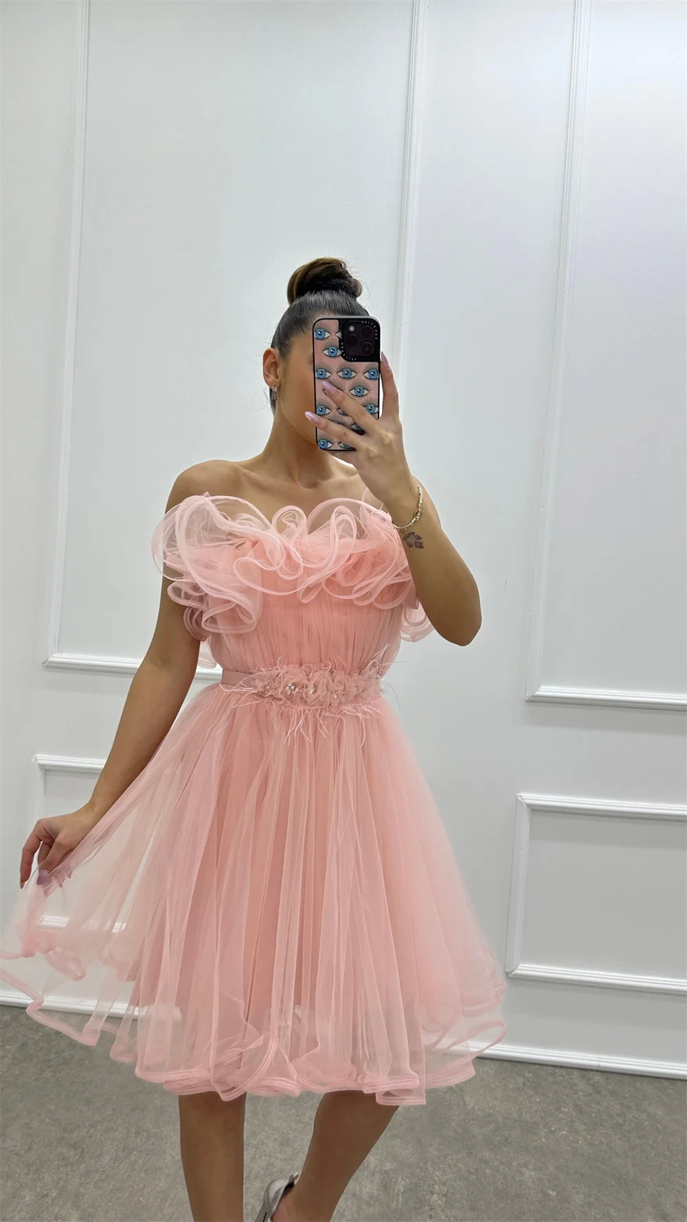 Jessica Pink Prom Dresses Sexy Strapless Curly Edge Feathers Evening Dresses Mini Short Tulle A-Shape Wedding Party Dress