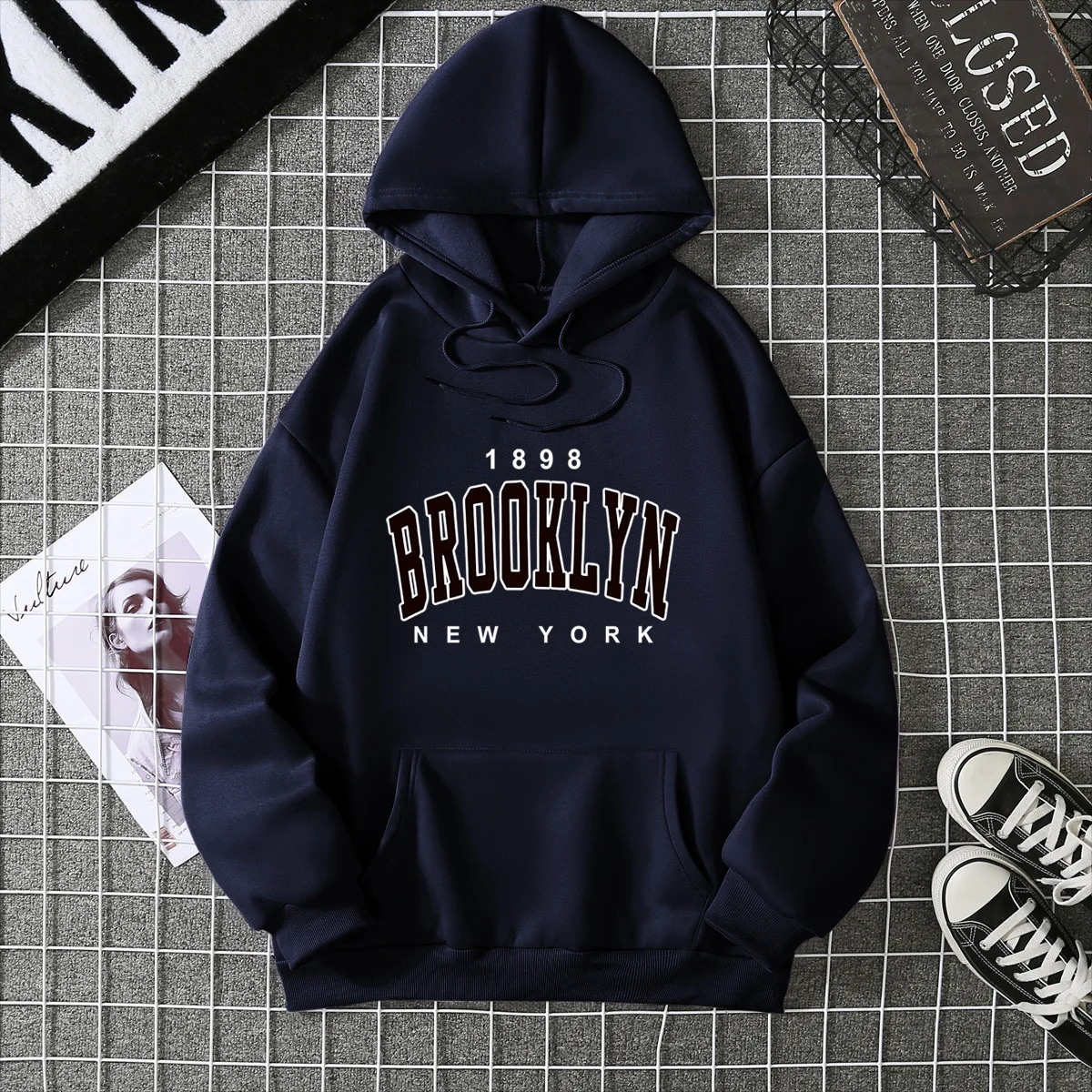 Autumn Winter Hot Sale Women's Brooklyn Printed Hoodie Streetwear Clothing Loose Couple Hoodie Sweatshirt