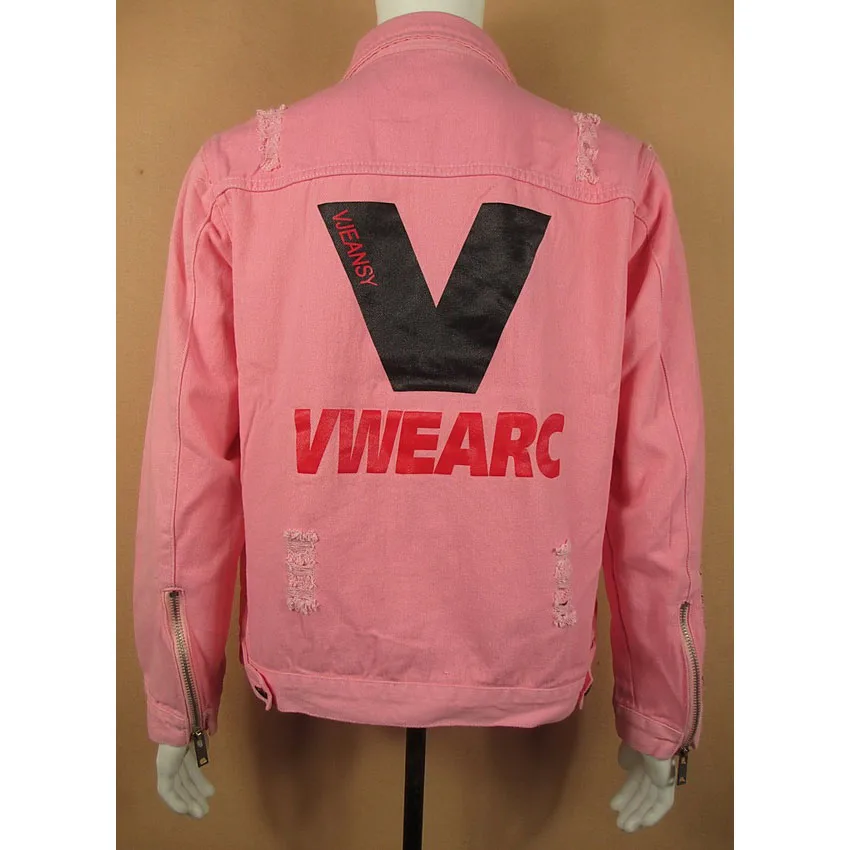 

Teenager Boy's Loose Fit Denim Jaet in Pink with Holes Y40857824 Casual Long Sve Coat for Men with Multiple kets