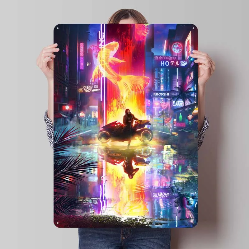 C-Cyberpunk Sign Customizable Game Posters Gaming Room Decoration Man Retro Metal Tin Sign for Gamer Room Decoration House Decor