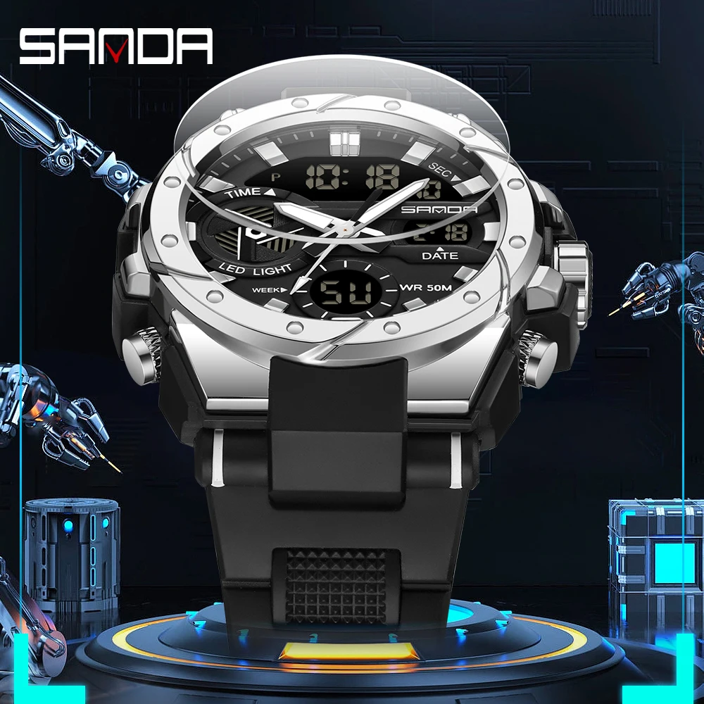 SANDA Top Brand Men Sports Electronic Watch Outdoor Military G Style LED Dual Display Digital Wristwatch 50M Waterproof Luminous