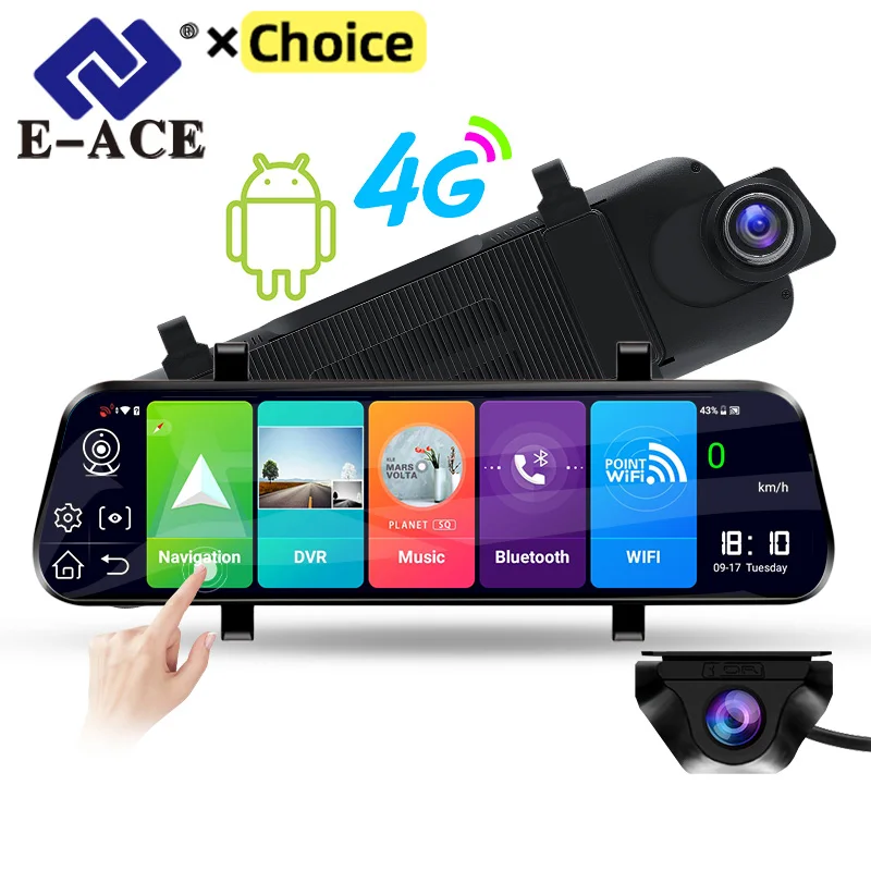 E-ACE Car Dvr FHD 1080P 4G Android 10 Inch Streaming ADAS Registrator RearView Mirror Dash Cam Video Recorder Dual Lens Dvrs