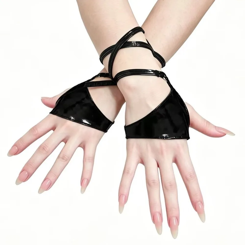 Patent Leather Patent Leather Gloves Open Finger Fingerless Design Open Finger Gloves Wrist Tie-Up Punk Style
