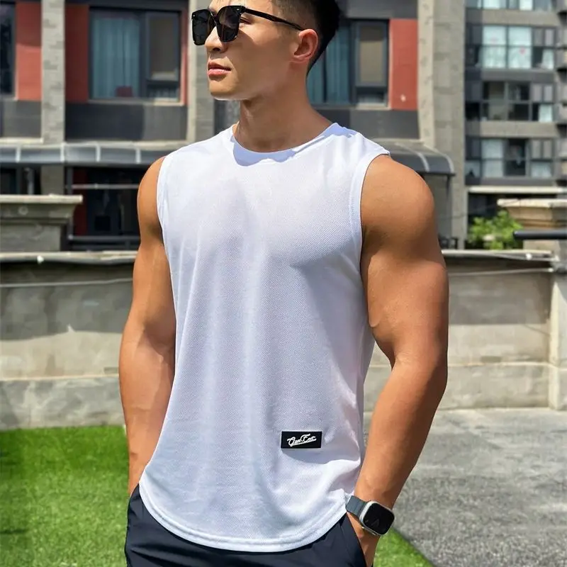 Fashion simple sports men's vest breathable quick drying mesh fitness top wide shoulder round neck sleeveless vest