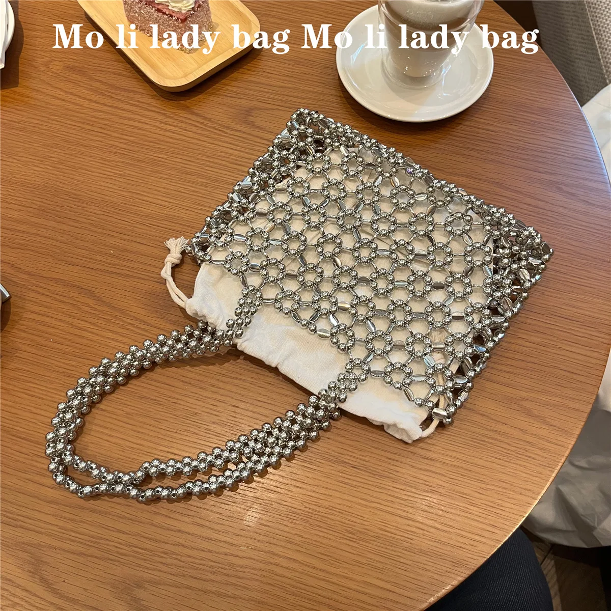 Shining Silver Color Weave Beading Handbag For Women Summer Beach Tote Handbags Banquet Party Clutches Ladies Daily Shoulder Bag