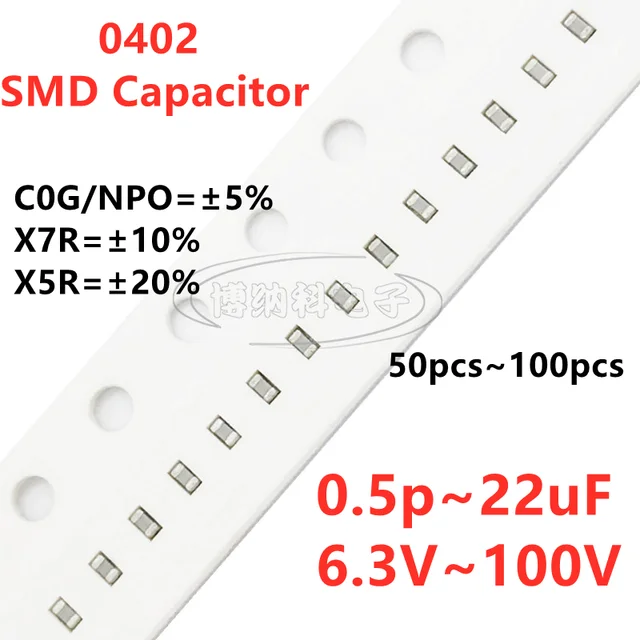 Kondensator SMD 0402 1PF2.2PF3.3PF4.7PF6.8PF8.2PF10PF220PF330PF470PF680PF1NF22NF47NF10NF100NF0.1UF1UF2.2UF4.7UF10UF22UF102 103 104 6.3V 10V 16V 25V 35V 50V 63V 100V