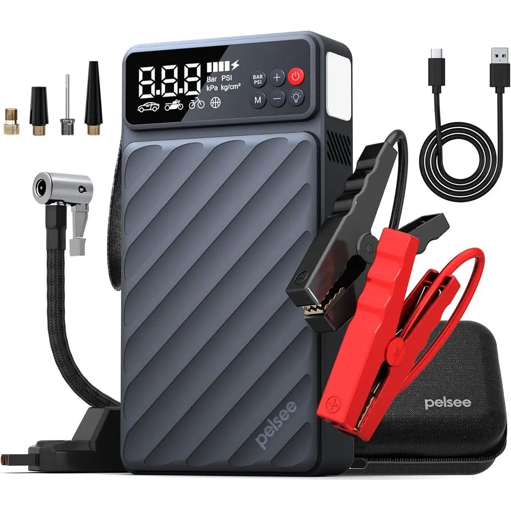 

20000mAh Portable Car Jump Starter with Air Compressor, 45W Fast Charge, Tire Pressure Monitor, and Jumper Cables