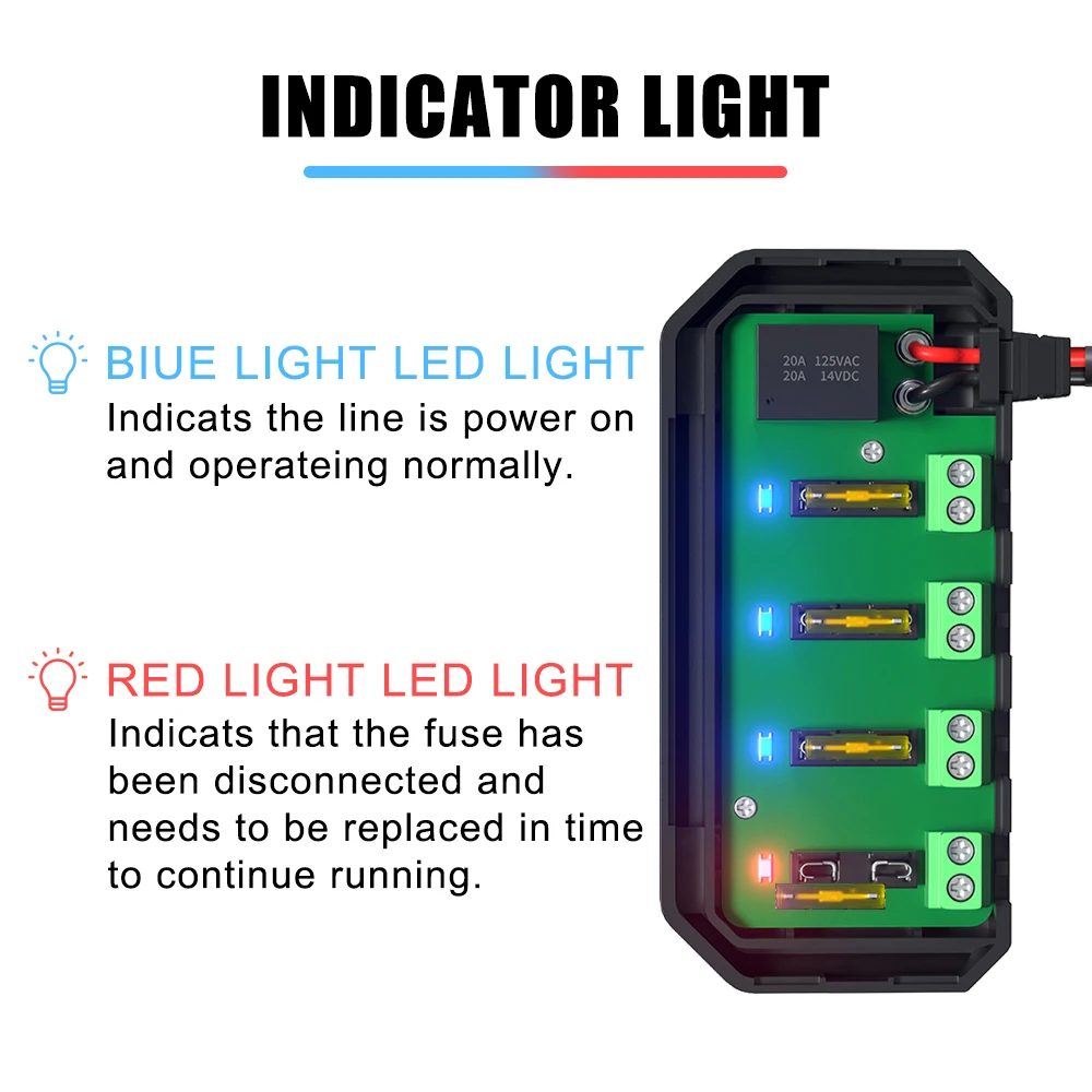 Caja de conexiones de fusibles de 12V y 20A, protección de circuito eléctrico, accesorios de coche de motocicleta con indicador de luz LED, soporte de cuchilla de fusible