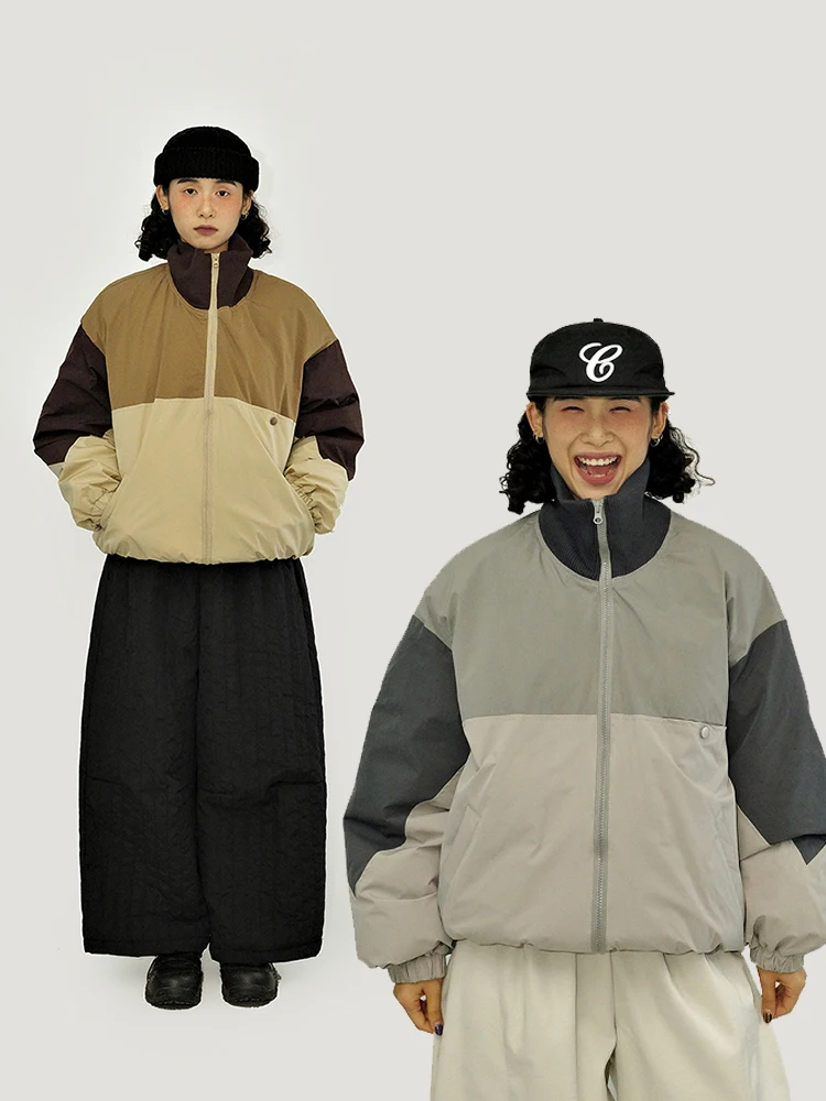 

Guluwo Winter Warm Cotton Jaet ex Loose Fit Stand Collar Patchwork Color Blo Coat Thiened Long Sve Zipper Closure